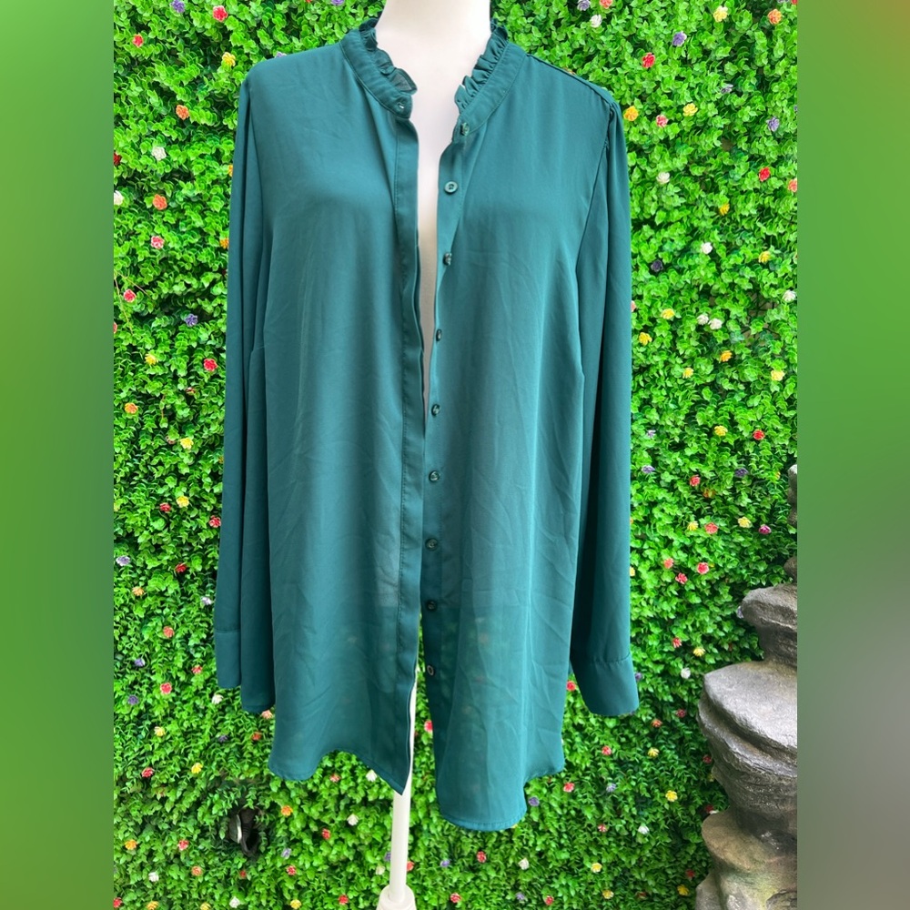 Torrid Women Green Chiffon Polyester Ruffle Collar Long Sleeve Blouse